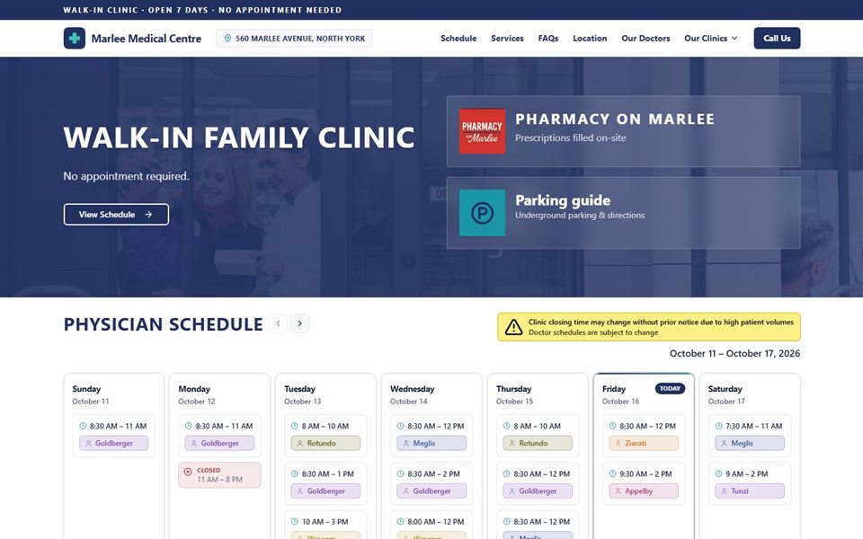 Marlee Medical Centre homepage, with the weekly physician schedule